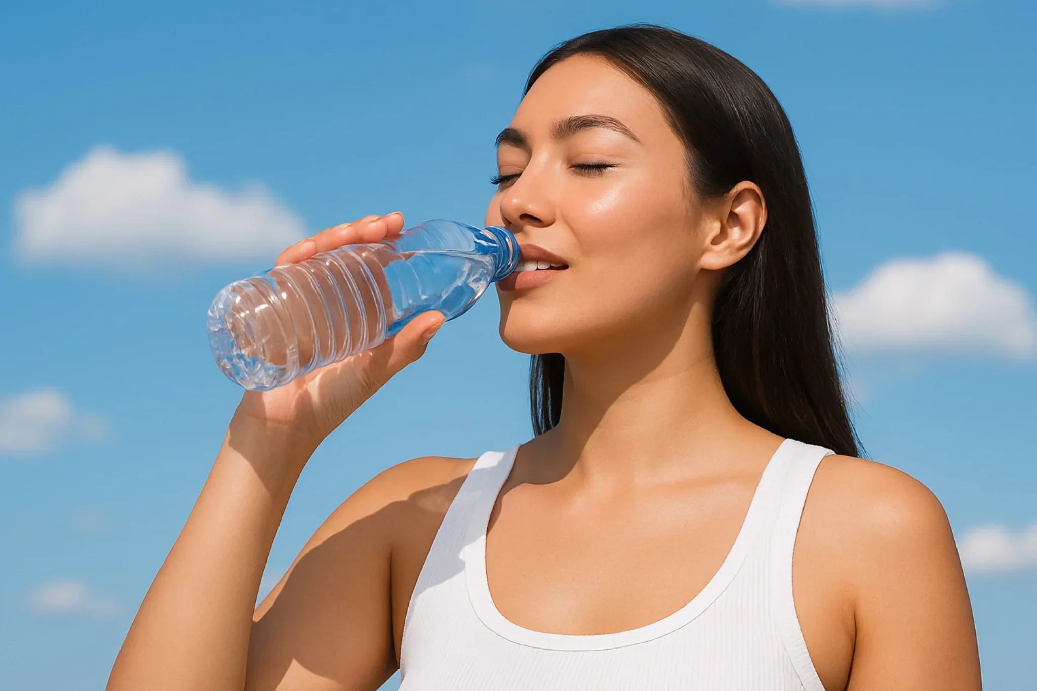 Woman drinking water outdoors under a blue sky, representing summer hydration and overall wellness