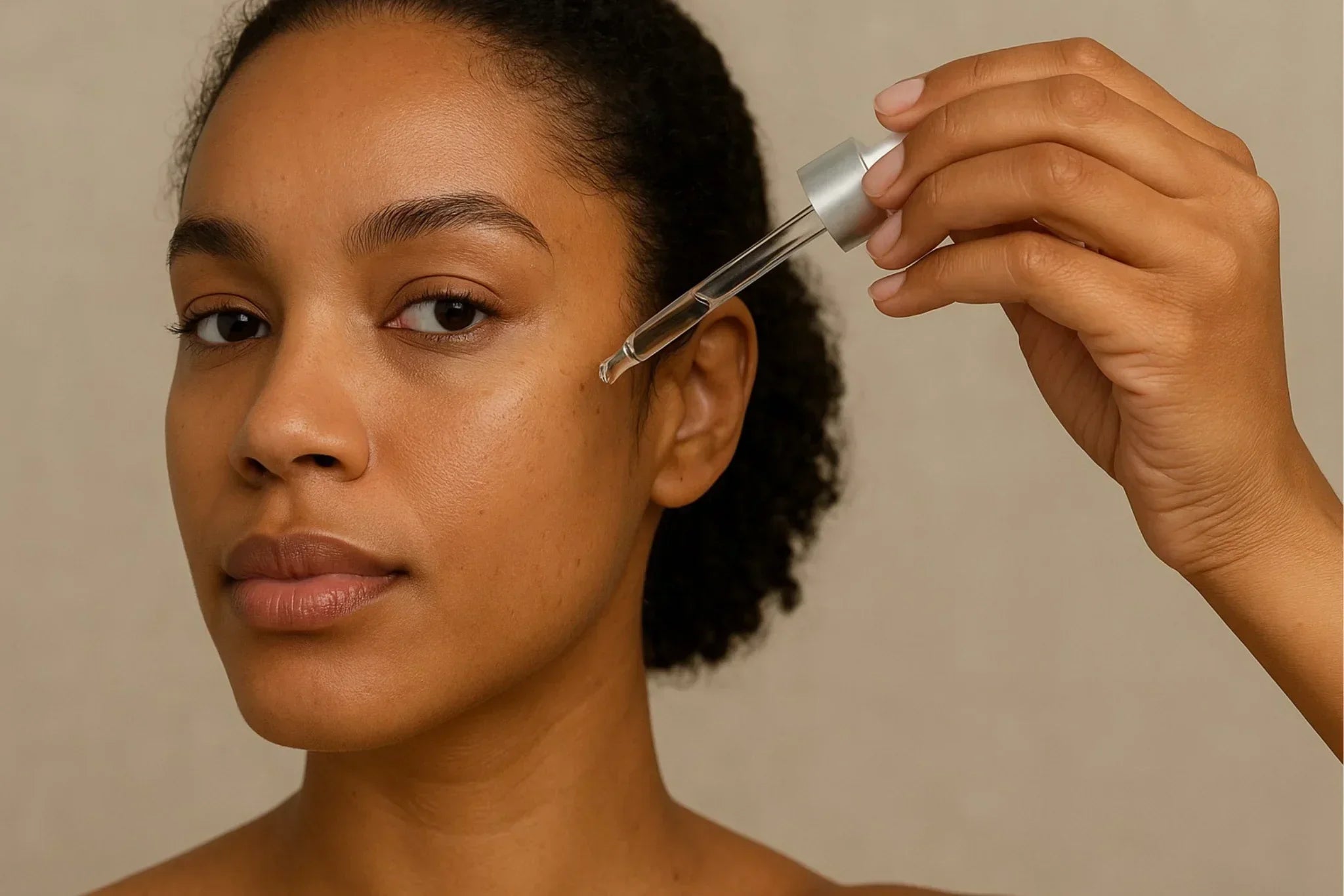Woman applying mandelic acid serum to her face using a dropper, demonstrating a gentle exfoliation step in a professional skincare routine