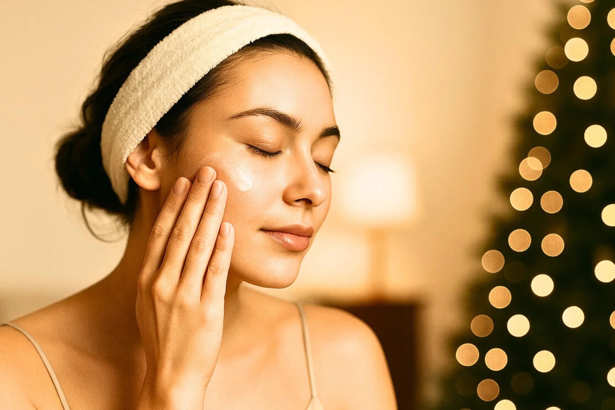 Woman massaging cream on her face against a beige background, demonstrating holiday skincare prep, facial massage for glow, and barrier-supportive routine for radiant, healthy skin