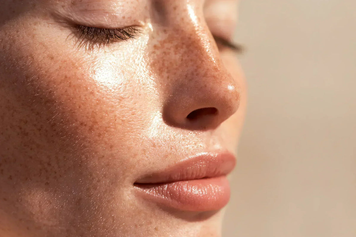 Close-up of a woman's face with closed eyes and glowing, freckled skin in bright light
