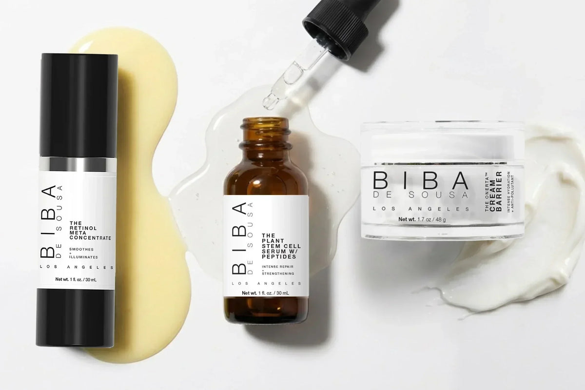 Biba Los Angeles barrier-safe skincare essentials featuring Mandelic Cleansing Gel, Hydrating Toner, Plant Stem Cell Serum with Peptides, and Cream Barrier skin care products