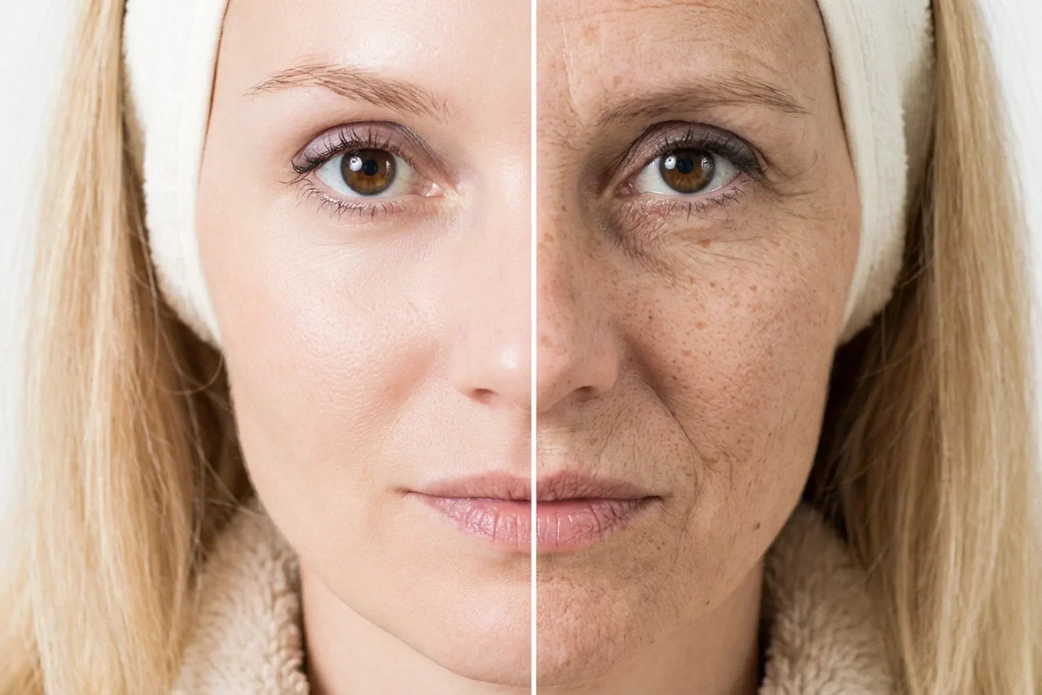 Split-face portrait illustrating collagen breakdown, with one side showing firmer, smoother skin and the other side showing visible collagen loss, including fine lines, wrinkles, reduced elasticity, uneven texture, and increased skin laxity.
