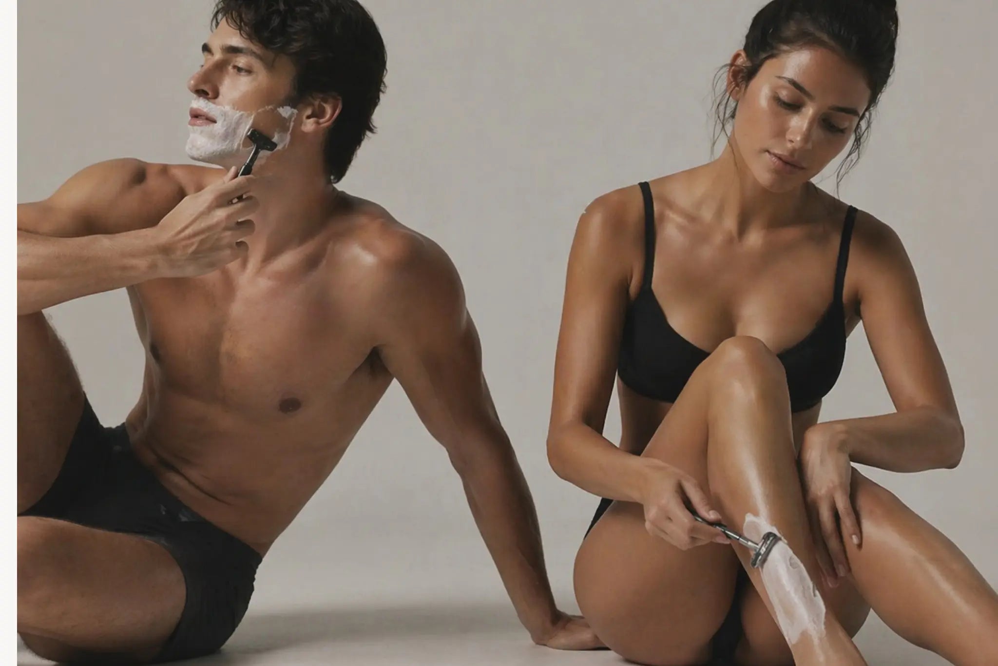Close-up split image showing a man shaving his face with a razor and a woman shaving her leg with shaving cream, illustrating gentle shaving techniques for men and women.
