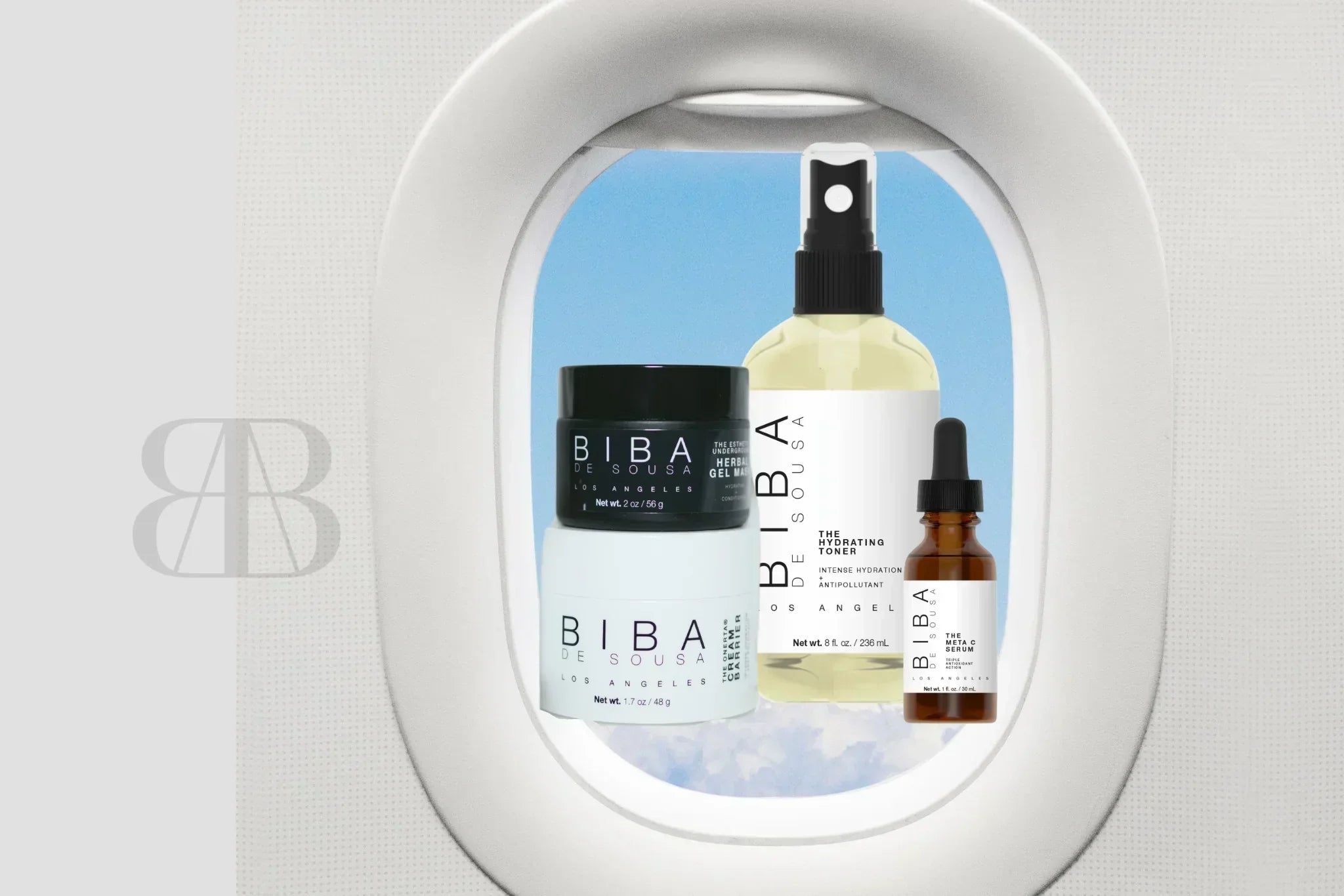 Biba de Sousa Los Angeles skincare travel essentials displayed in an airplane window for spring travel hydration