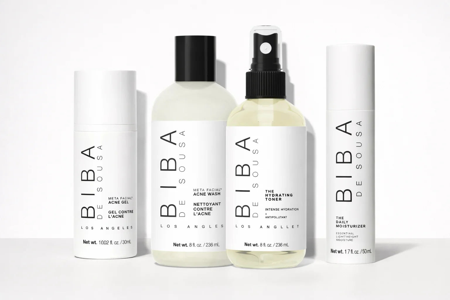 Biba Los Angeles skincare products on neutral background including toner, serum, and treatment for balanced, acne-safe routine