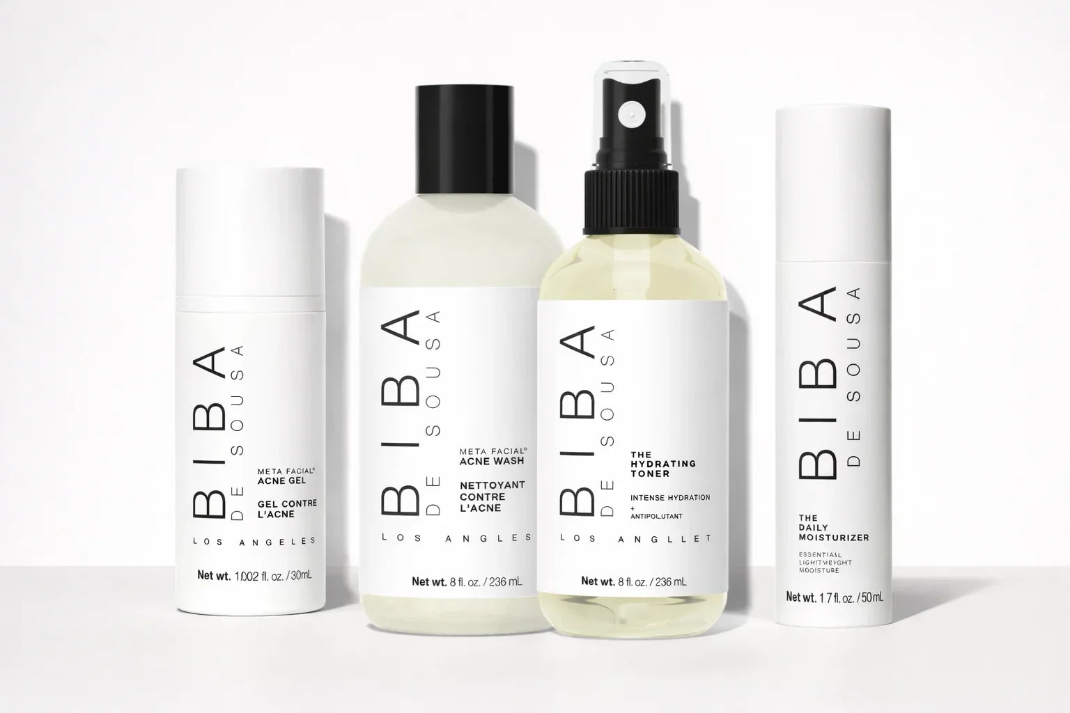 Biba Los Angeles skincare products on neutral background including toner, serum, and treatment for balanced, acne-safe routine