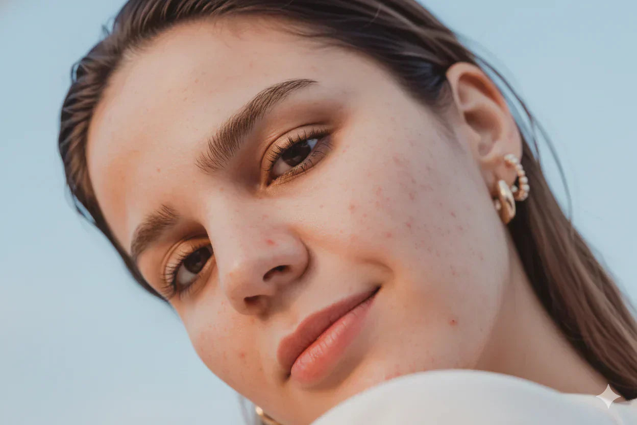 Skin irritation and breakouts caused by hot, humid weather on a close-up portrait of a woman