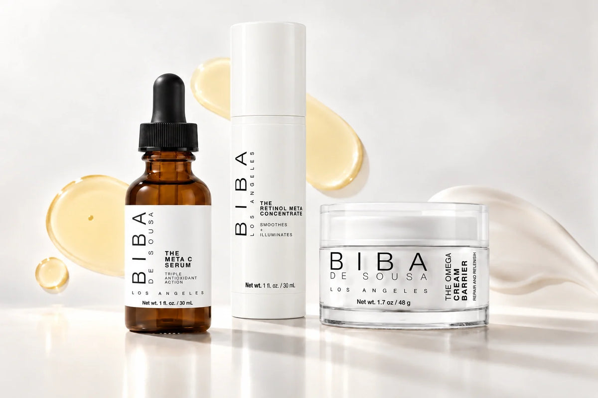 BIBA Los Angeles Meta C Serum, Retinol Meta Concentrate and Cream Barrier arranged with golden serum, pale yellow retinol and white cream textures.