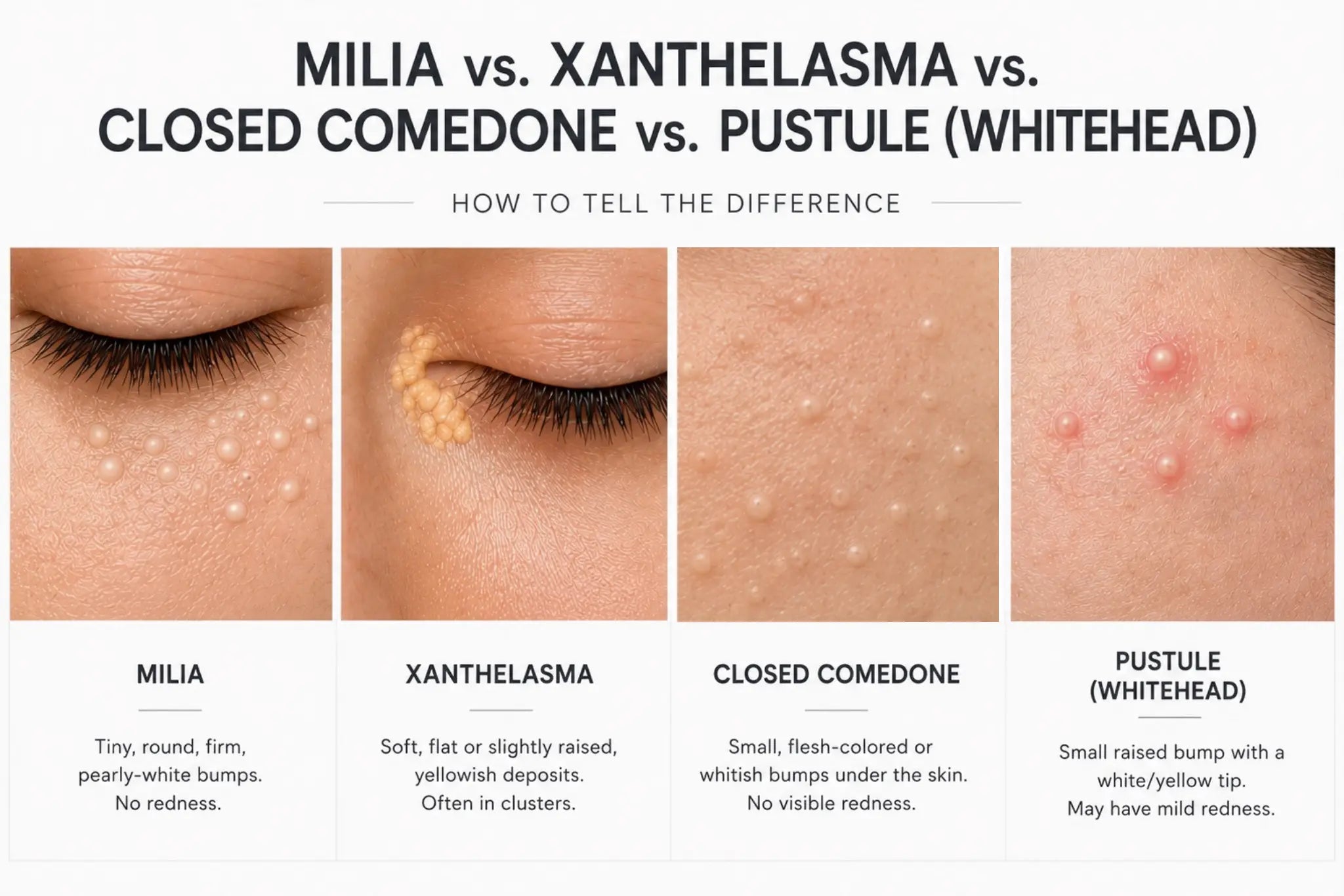 Milia vs. closed comedones, xanthelasma and whiteheads showing differences in appearance and location on the skin.