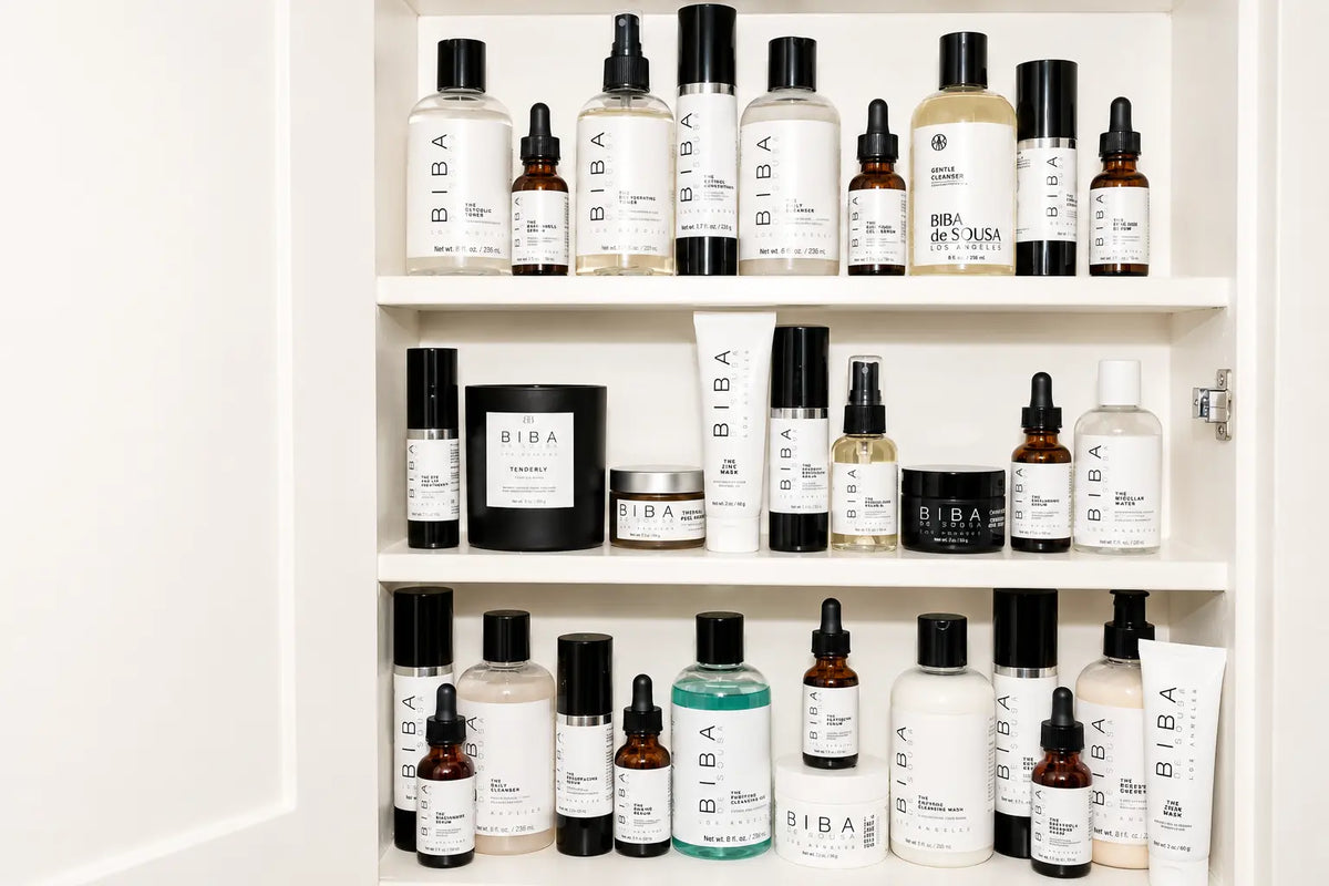 Organized skincare shelf with cleansers, serums, moisturizers, and treatment products after a seasonal spring skincare declutter.