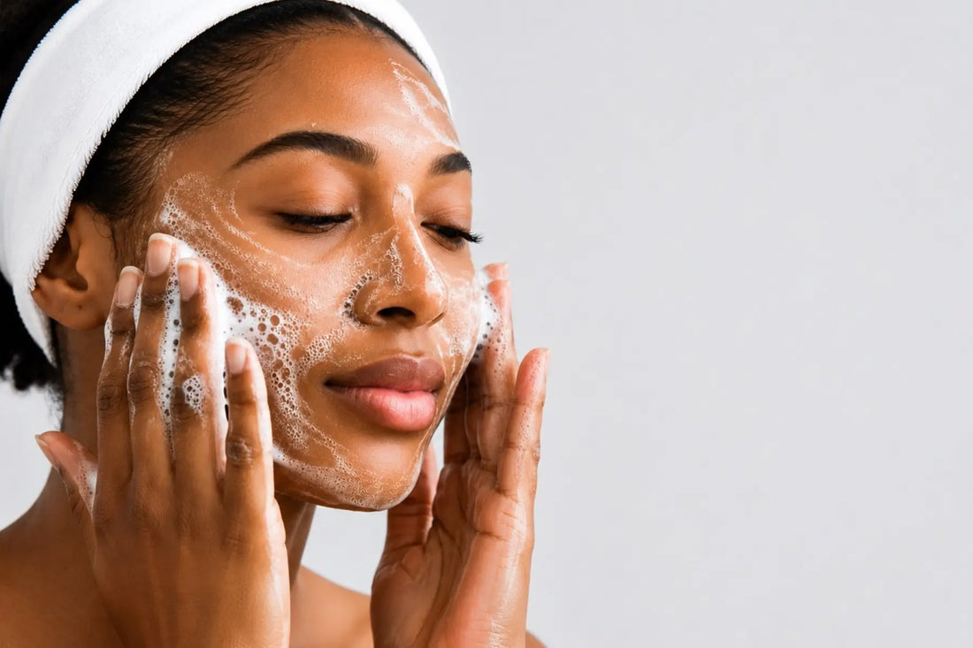 Woman washing her face with a gentle foaming cleanser, illustrating Biba Los Angeles barrier-conscious facial cleansing for all skin types.
