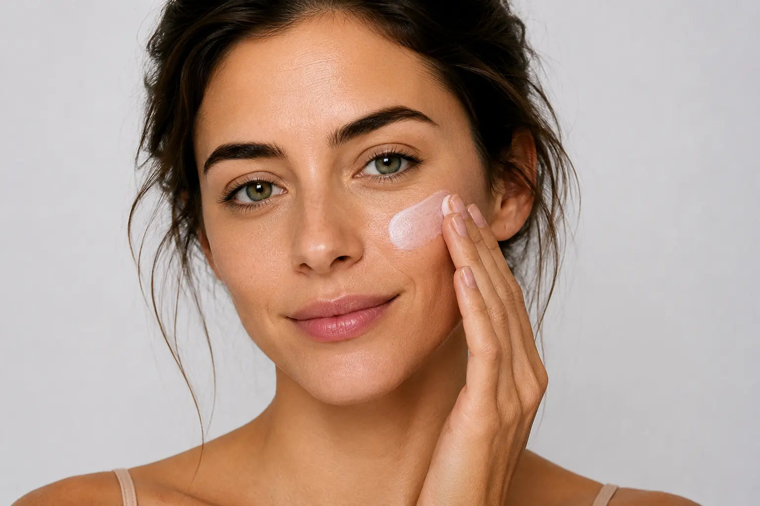 Woman applying moisturizer to her cheek to illustrate dry, dehydrated skin and daily hydration skincare.
