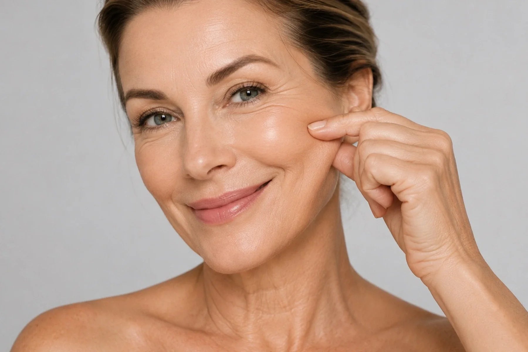 Smiling mature woman gently pinching her cheek to demonstrate firm, resilient skin for the BIBA Fine Lines & Wrinkles skincare collection.