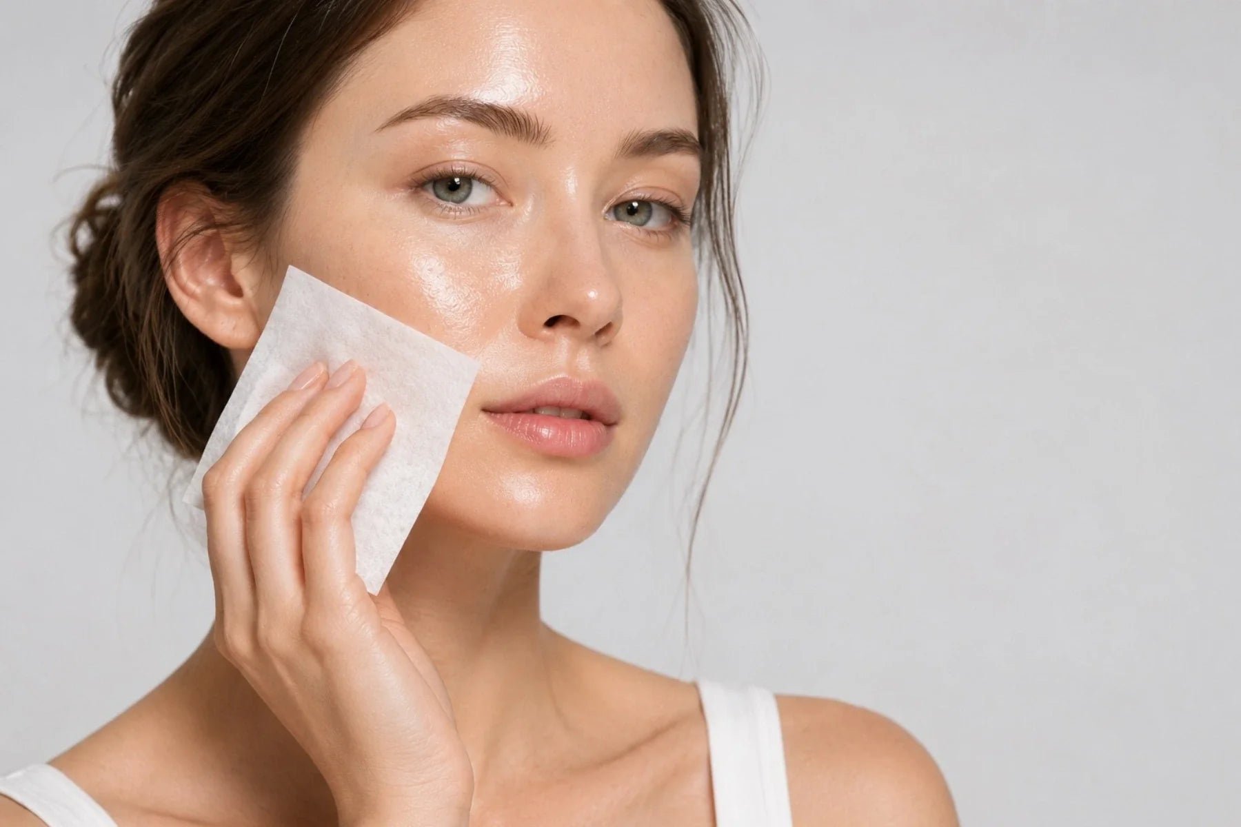 Caucasian woman with naturally radiant, oily skin using a blotting sheet against a light gray background, representing skincare solutions for oily and shine-prone skin.