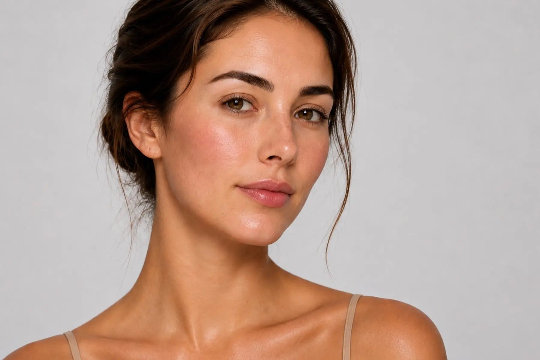 Young woman with naturally flushed cheeks and healthy-looking skin against a light gray background, illustrating the BIBA Sensitivity & Redness Collection for calm, balanced skin.