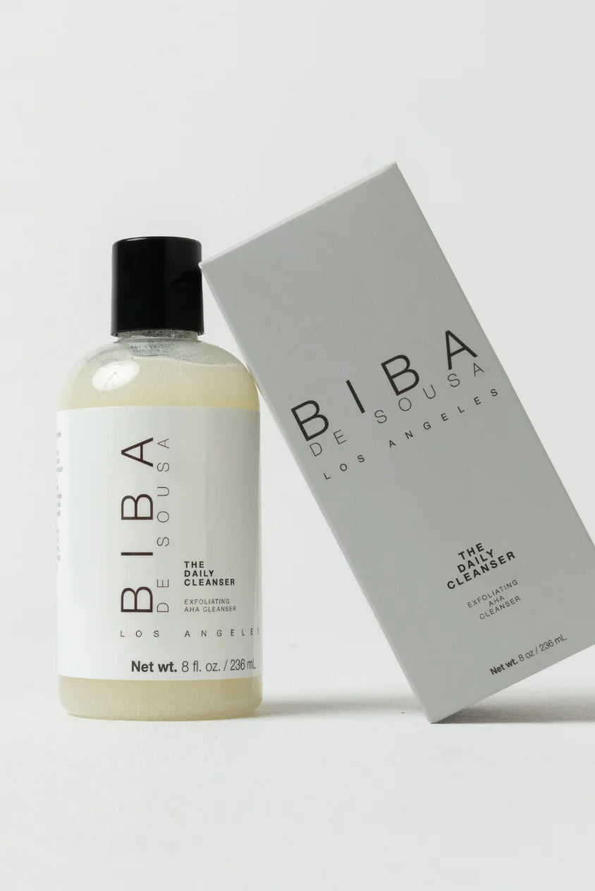 Biba Los Angeles Daily Cleanser exfoliating AHA face wash with product bottle and packaging box for smoother, brighter skin