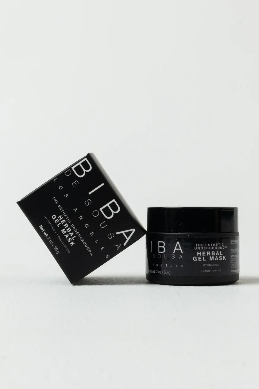 Biba Los Angeles Herbal Hydrating Gel Mask jar with product box packaging on white background
