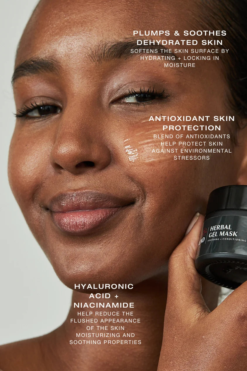 woman applying Biba Los Angeles Herbal Hydrating Gel Mask to soothe and hydrate dehydrated skin with hyaluronic acid and niacinamide