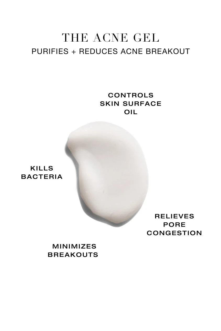 Texture swatch of The Acne Gel by Biba de Sousa Los Angeles with text highlighting benefits including reducing acne breakouts, controlling surface oil, relieving pore congestion, and targeting acne-causing bacteria.