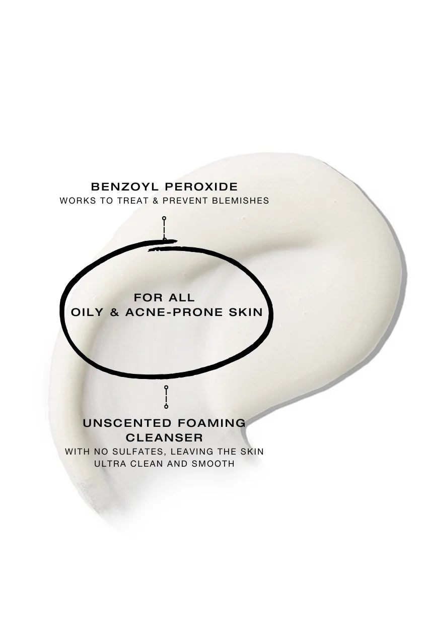 Creamy cleanser texture graphic highlighting benzoyl peroxide benefits, labeled “For all oily and acne-prone skin,” and “Unscented foaming cleanser with no sulfates,” on a clean white background.