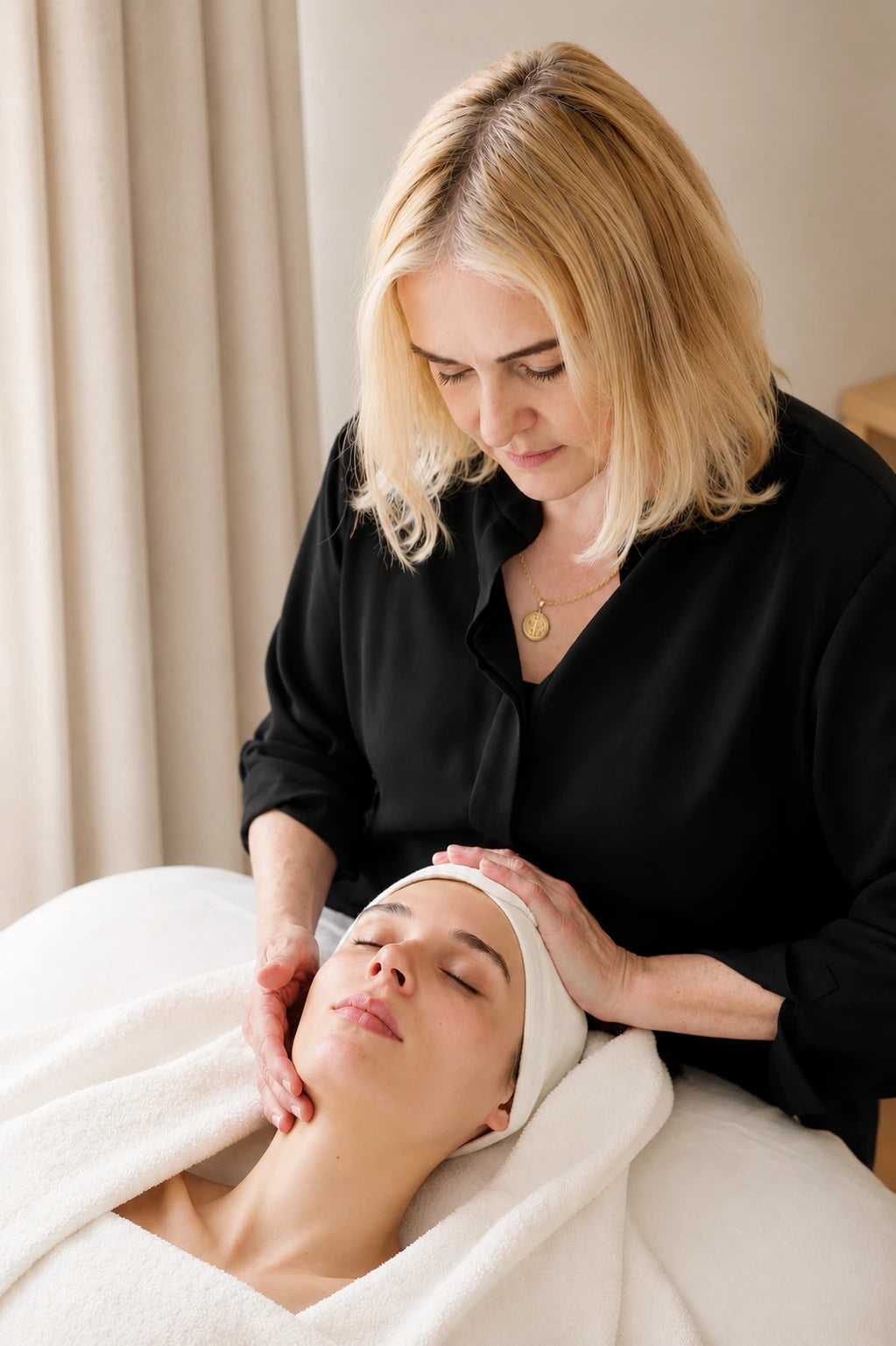 Biba de Sousa performing a customized facial treatment and skin analysis on a client in a calm minimalist treatment room in Los Angeles