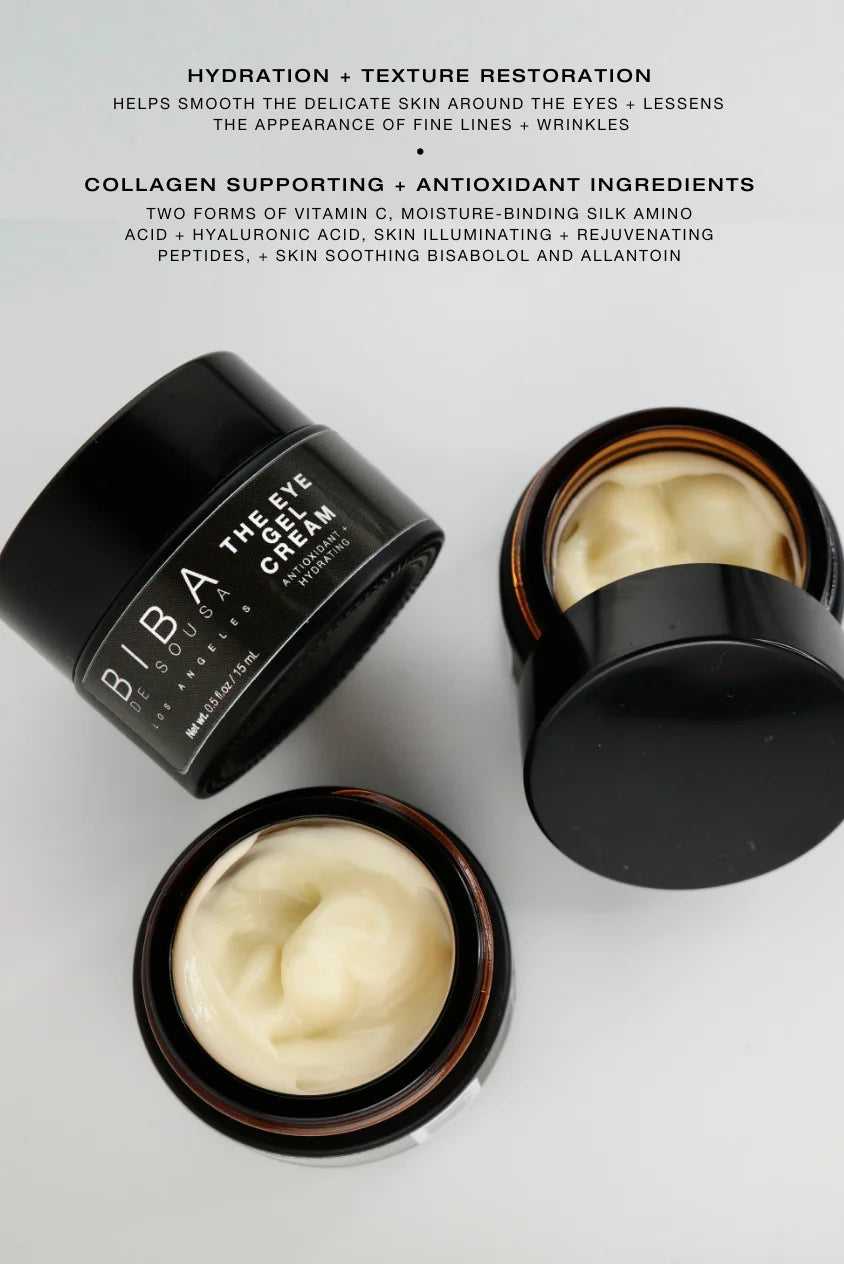 Biba Los Angeles Eye Gel Cream shown in three matte black jars - one closed and two open revealing a pale gel-cream texture—on a neutral background, with text highlighting hydration, texture restoration, collagen-supporting antioxidants, and key ingredients like vitamin C, peptides, hyaluronic acid, and soothing botanicals.