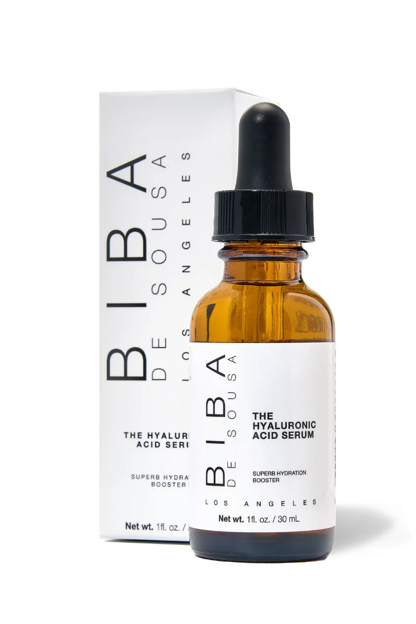 Biba de Sousa Los Angeles Hyaluronic Acid Serum with packaging box, amber glass dropper bottle, lightweight hydrating serum for dehydrated skin and barrier support