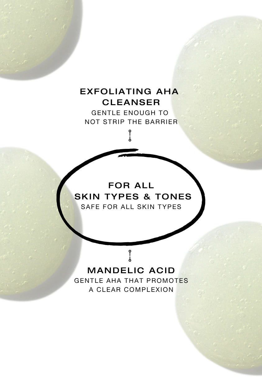 Educational graphic explaining mandelic acid exfoliation, highlighting a gentle AHA cleanser designed to support gentle exfoliation for acne-prone and uneven tone skin.