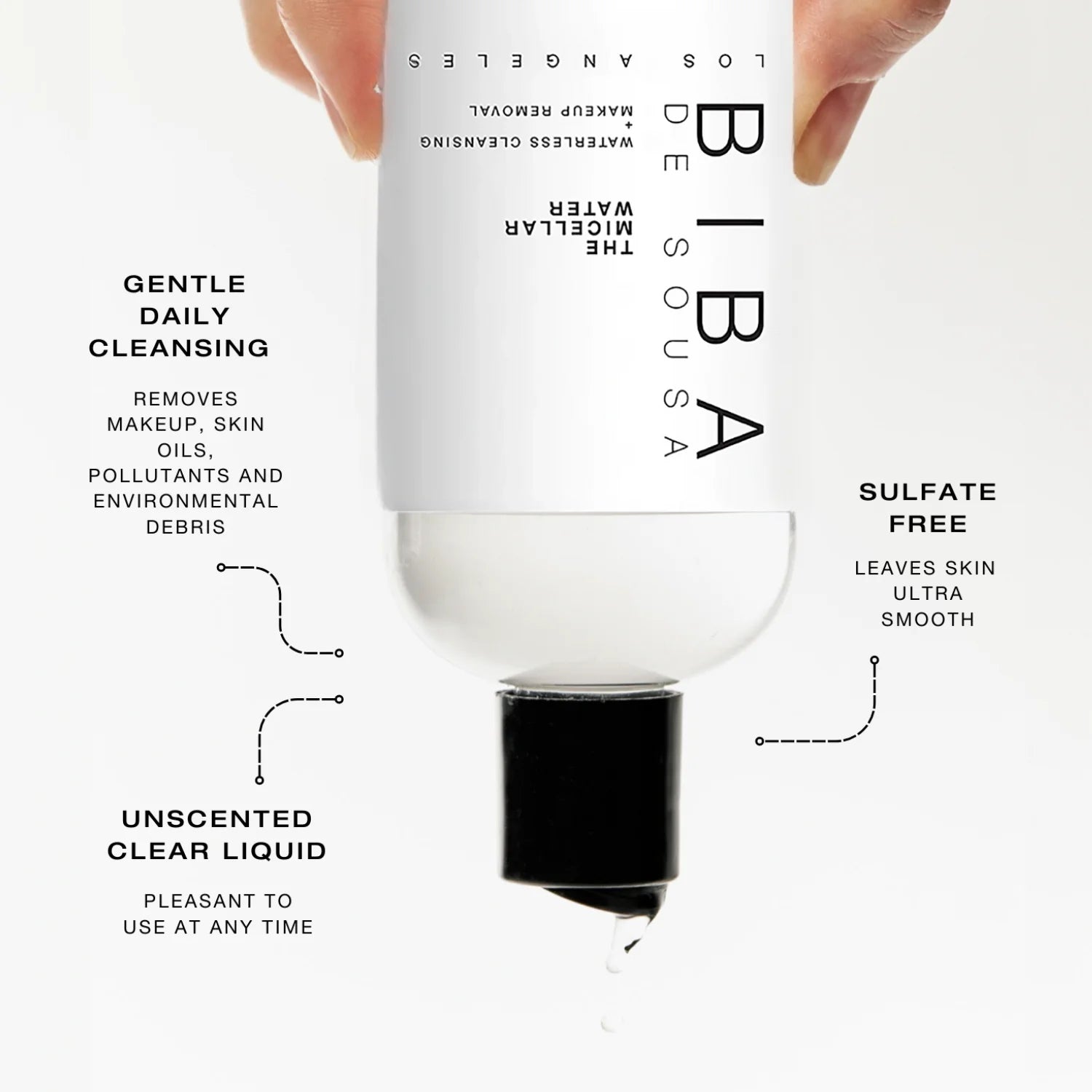 Biba Los Angeles Micellar Water shown dispensing clear liquid, gentle cleanser for sensitive, acne-prone skin and no-rinse makeup removal