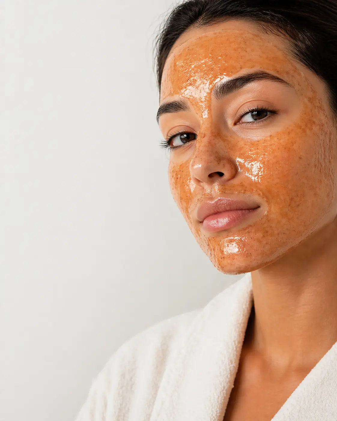 Close-up of a woman wearing a glossy pumpkin enzyme exfoliating mask, looking at the camera against a clean, neutral background.