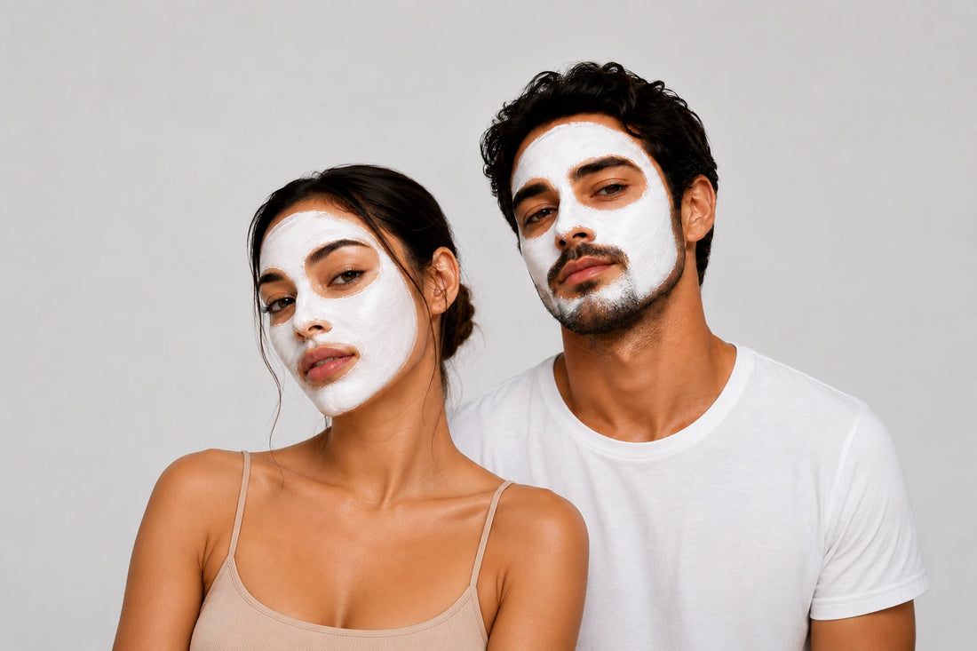 Man and woman wearing a white facial mask, posing together in a clean studio setting, showcasing a professional skincare treatment with a seamless light gray background.