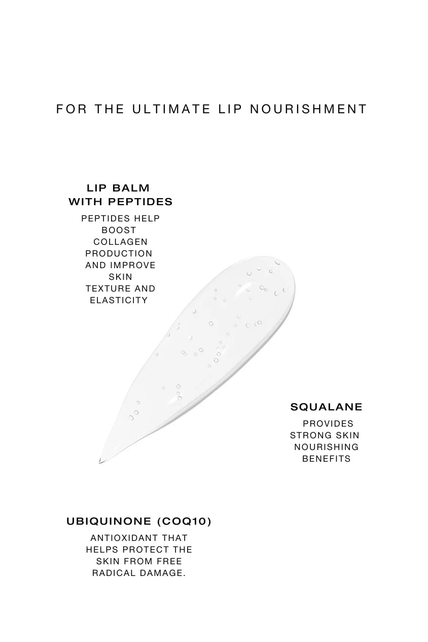 Lip treatment balm ingredients visual with peptides and CoQ10 on neutral background