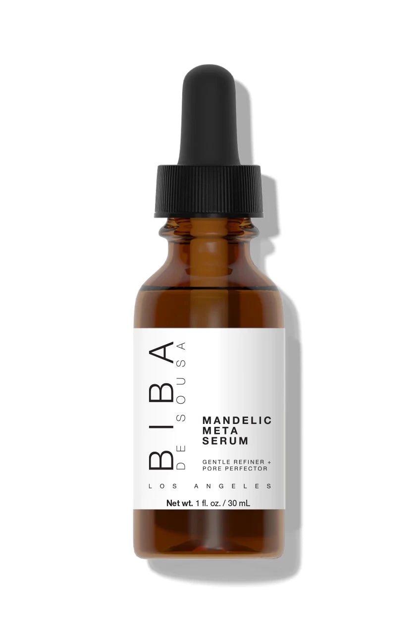 Mandelic Meta Serum by Biba Los Angeles in amber glass dropper bottle on light gray background, gentle mandelic acid serum designed to refine texture and support clearer-looking pores.