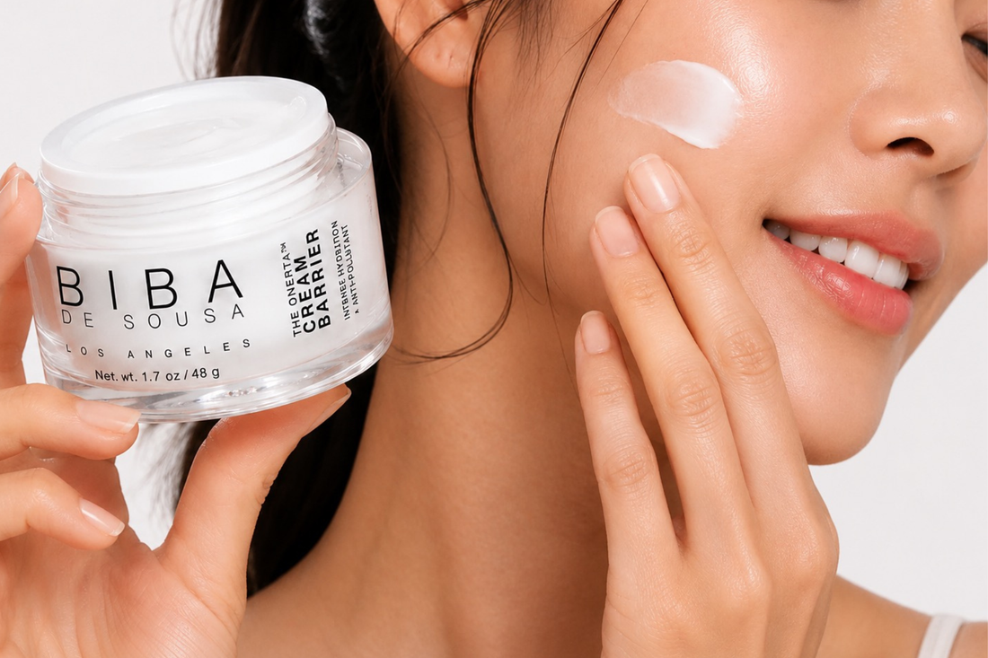 Model applying BIBA Onerta Cream Barrier moisturizer to support skin hydration and a healthy skin barrier.
