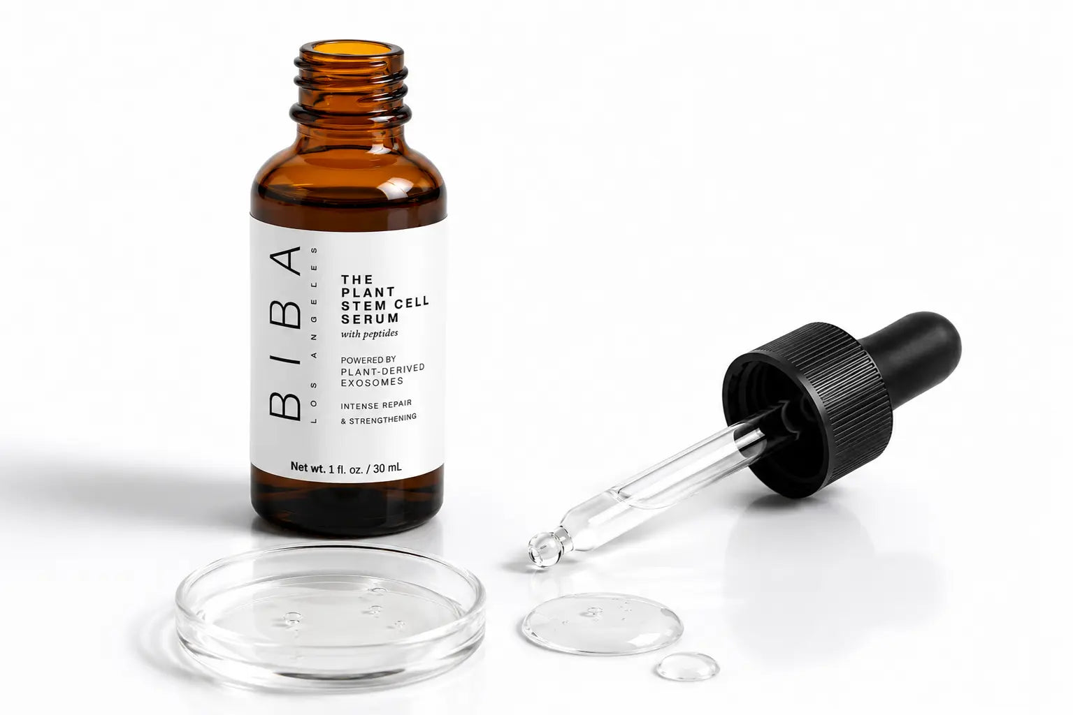 BIBA Los Angeles Plant Stem Cell Serum with Peptides featuring an amber glass bottle, glass dropper, and clear serum texture, powered by plant-derived exosomes for intense repair and strengthening.