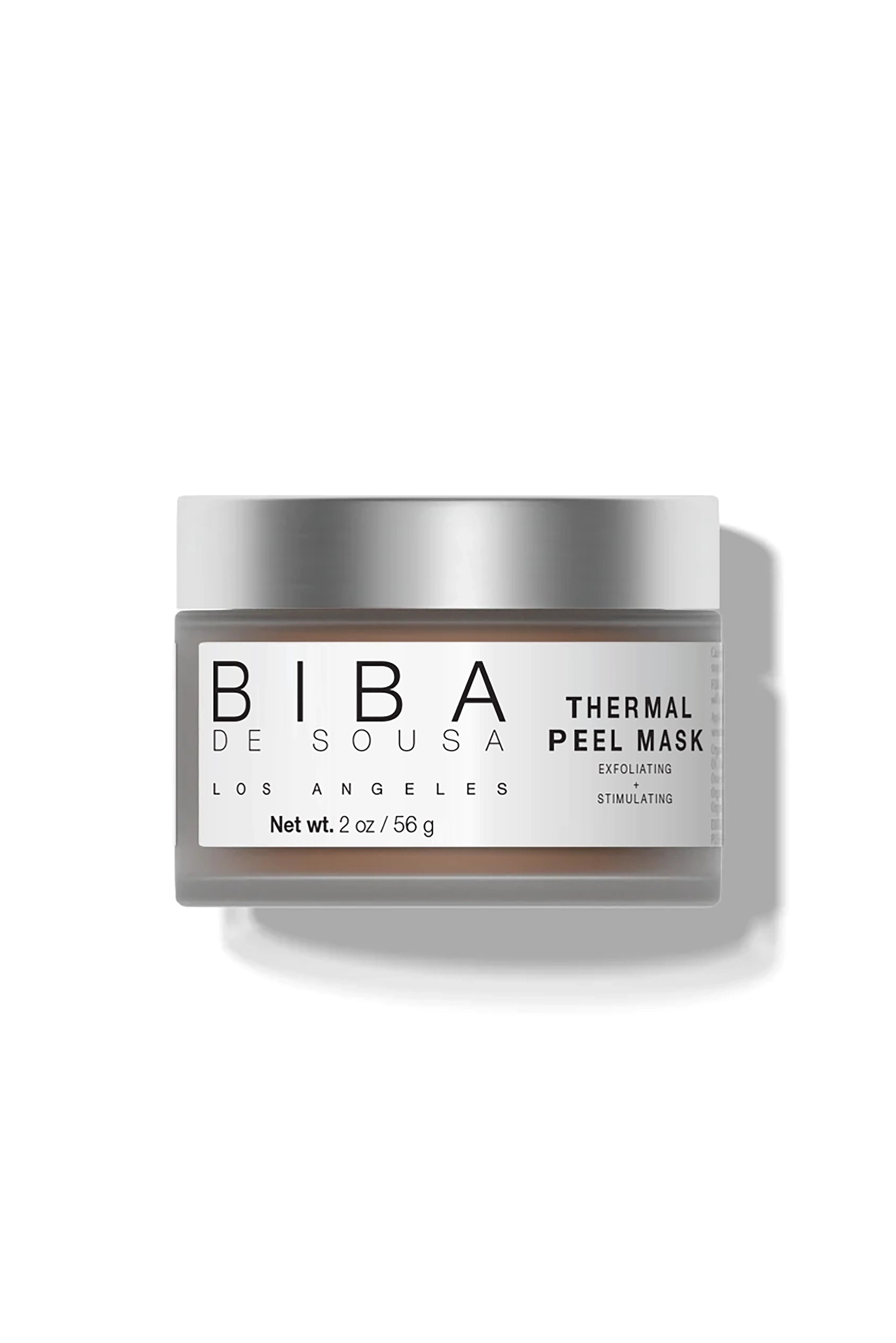 Thermal Peel Mask by Biba Los Angeles in frosted glass jar with silver lid on light gray background, exfoliating treatment mask designed to smooth texture and support brighter, clearer-looking skin.