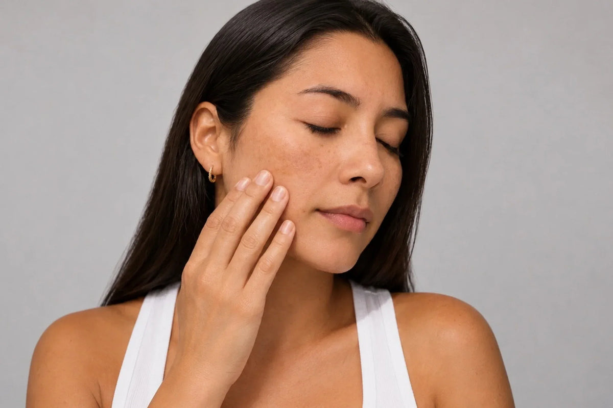 Woman with mild facial hyperpigmentation touching her cheek against a light gray background, illustrating uneven skin tone and pigmentation concerns.