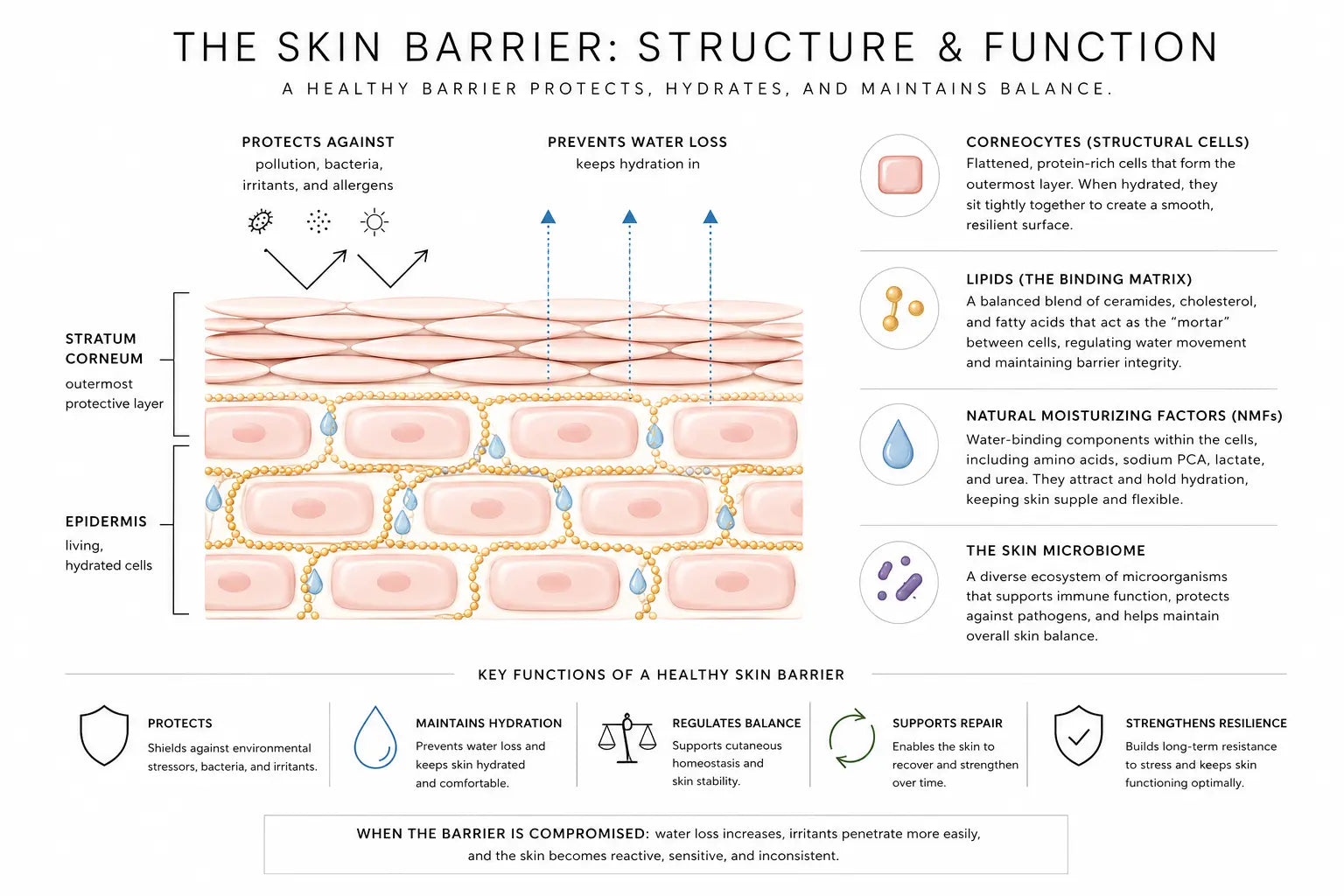 Skin barrier diagram showing corneocytes and lipid matrix maintaining hydration and protecting the skin