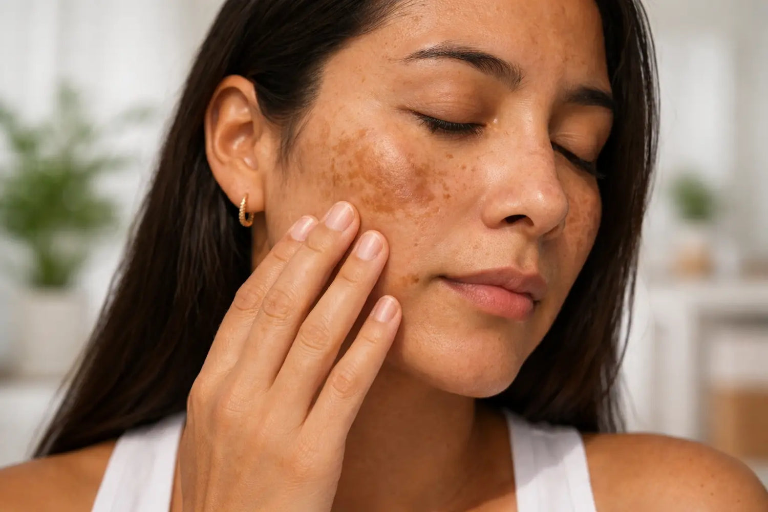 Close-up of melasma on cheek with visible hyperpigmentation, woman touching skin to highlight uneven tone and texture.