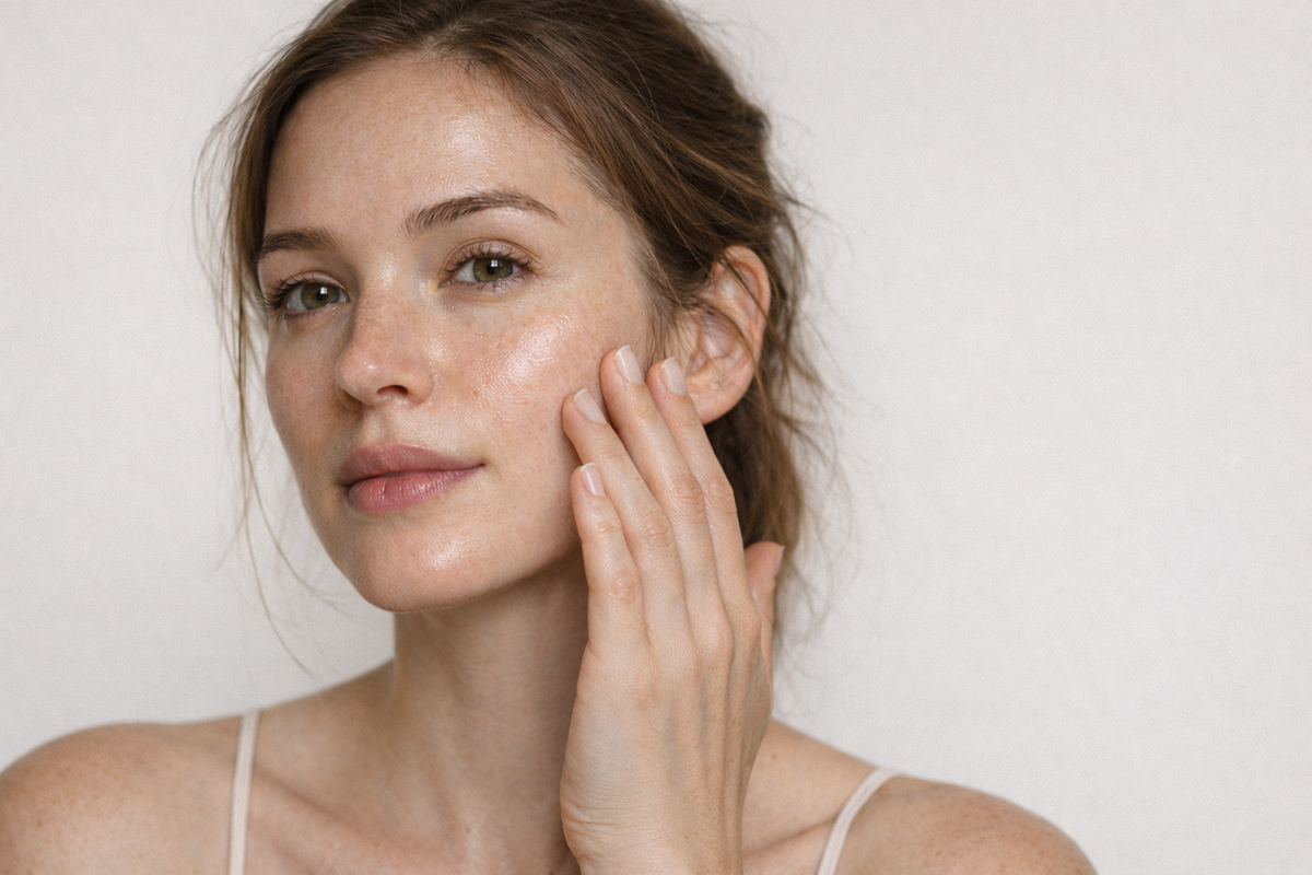Woman with natural, slightly dewy skin touching her cheek against a soft neutral background, illustrating balanced but mildly reactive spring skin.