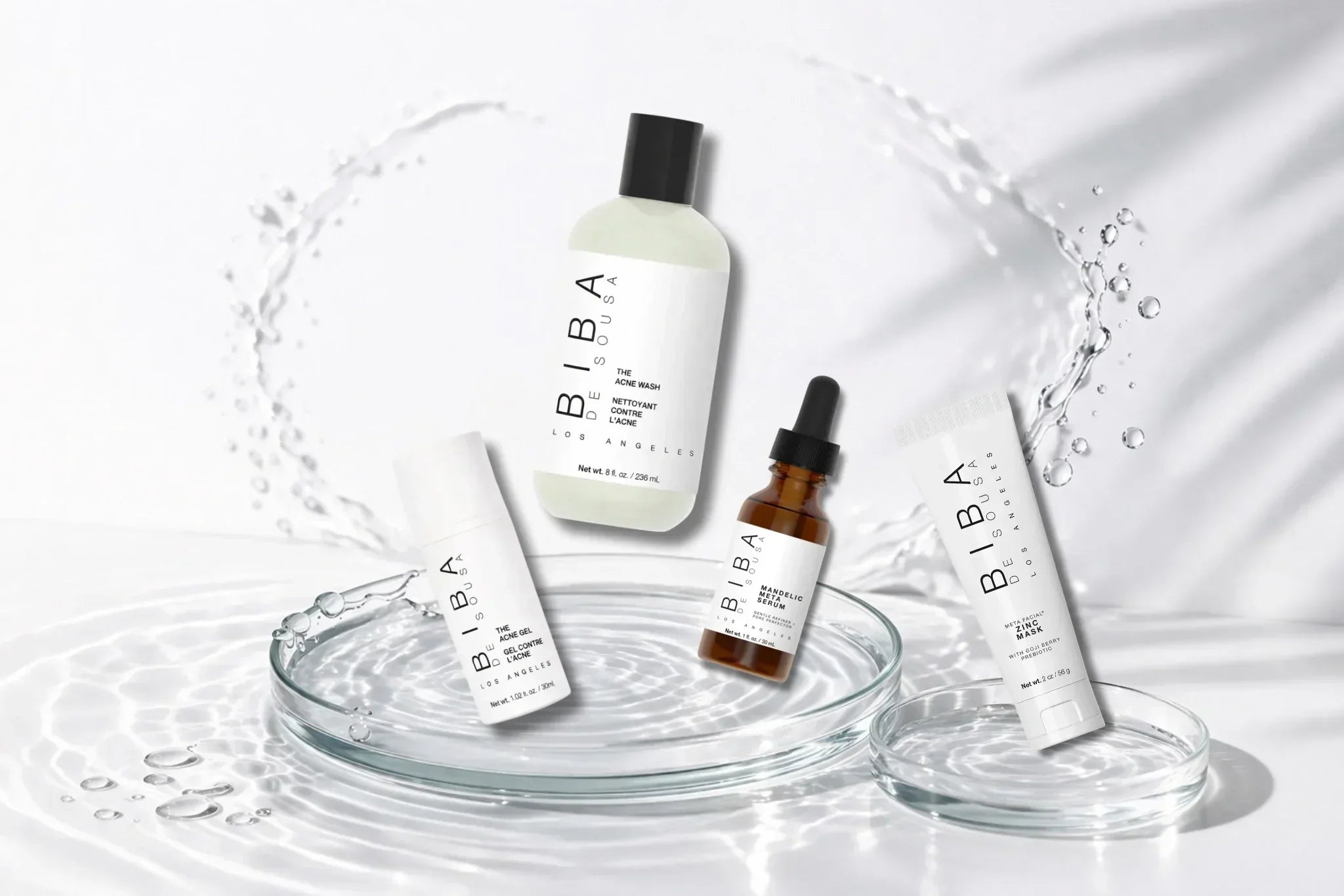 Acne-safe skincare routine featuring Acne Wash, Acne Gel, Mandelic Meta Serum, and Zinc Mask to support clearer-looking skin and healthy skin barrier function.