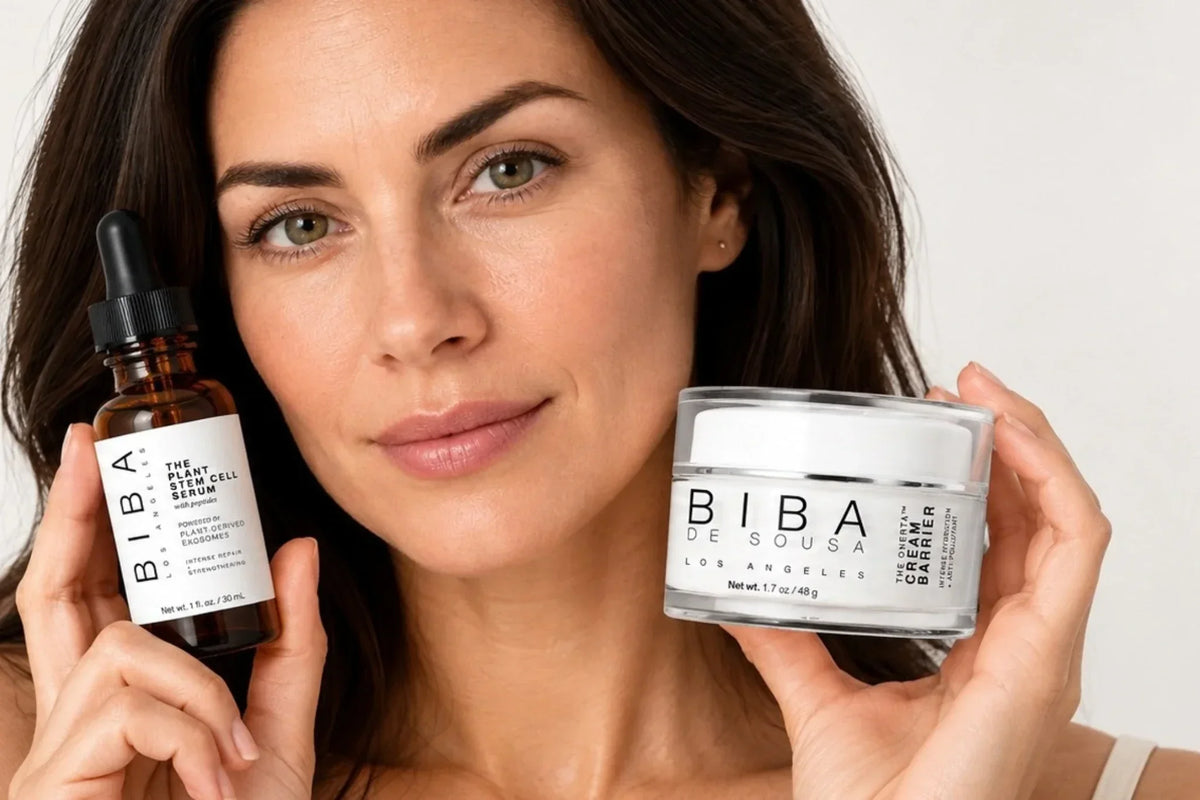Woman holding Biba de Sousa Plant Stem Cell Serum and Onerta Cream Barrier.