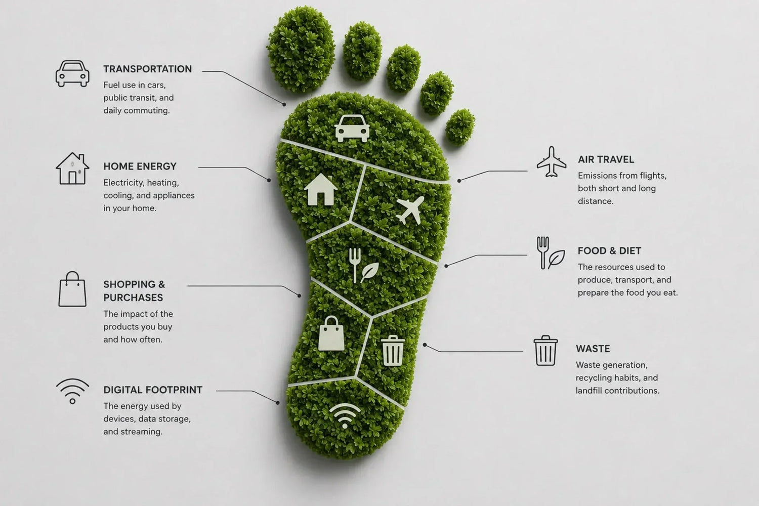 Minimalist infographic of a green footprint illustrating the main categories that contribute to an individual's carbon footprint, including transportation, home energy, air travel, food, shopping, waste, and digital activity.