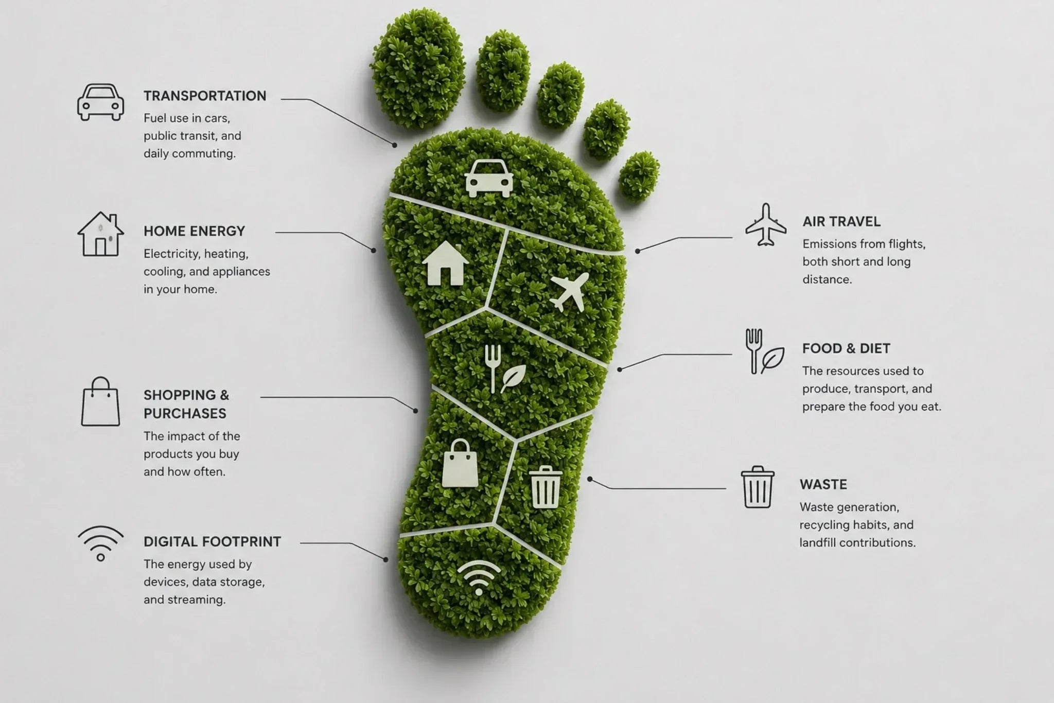 Minimalist infographic of a green footprint illustrating the main categories that contribute to an individual's carbon footprint, including transportation, home energy, air travel, food, shopping, waste, and digital activity.