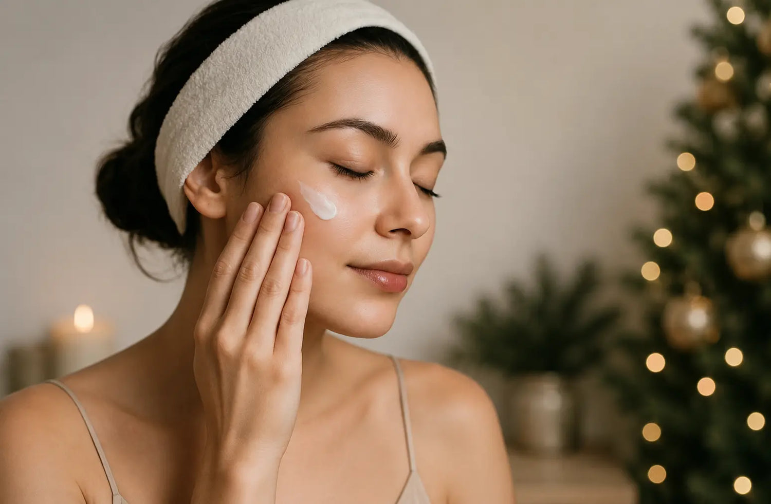 Woman applying moisturizer as part of a holiday skincare routine to prepare skin for seasonal events and celebrations.