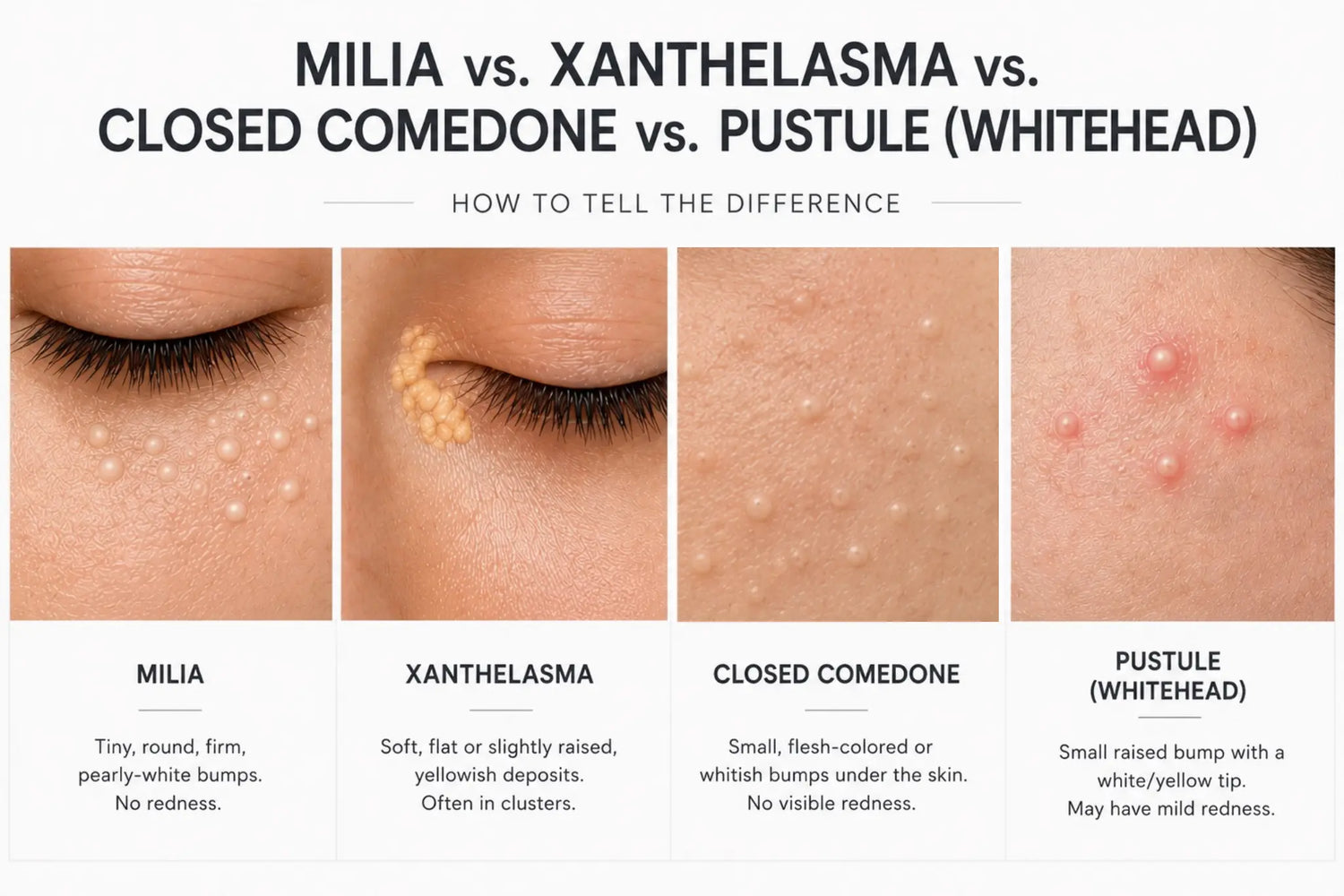 Milia vs. closed comedones, xanthelasma and whiteheads showing differences in appearance and location on the skin.
