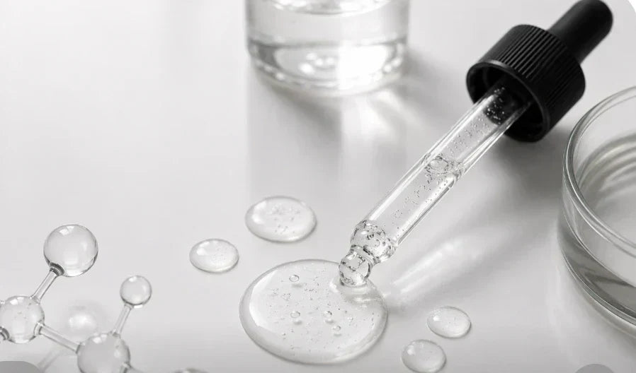 Peptide skincare ingredient concept featuring serum texture, a dropper applicator, and molecular-inspired elements illustrating how peptides support collagen, hydration, and skin barrier health.