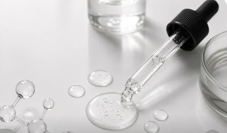 Peptide skincare ingredient concept featuring serum texture, a dropper applicator, and molecular-inspired elements illustrating how peptides support collagen, hydration, and skin barrier health.