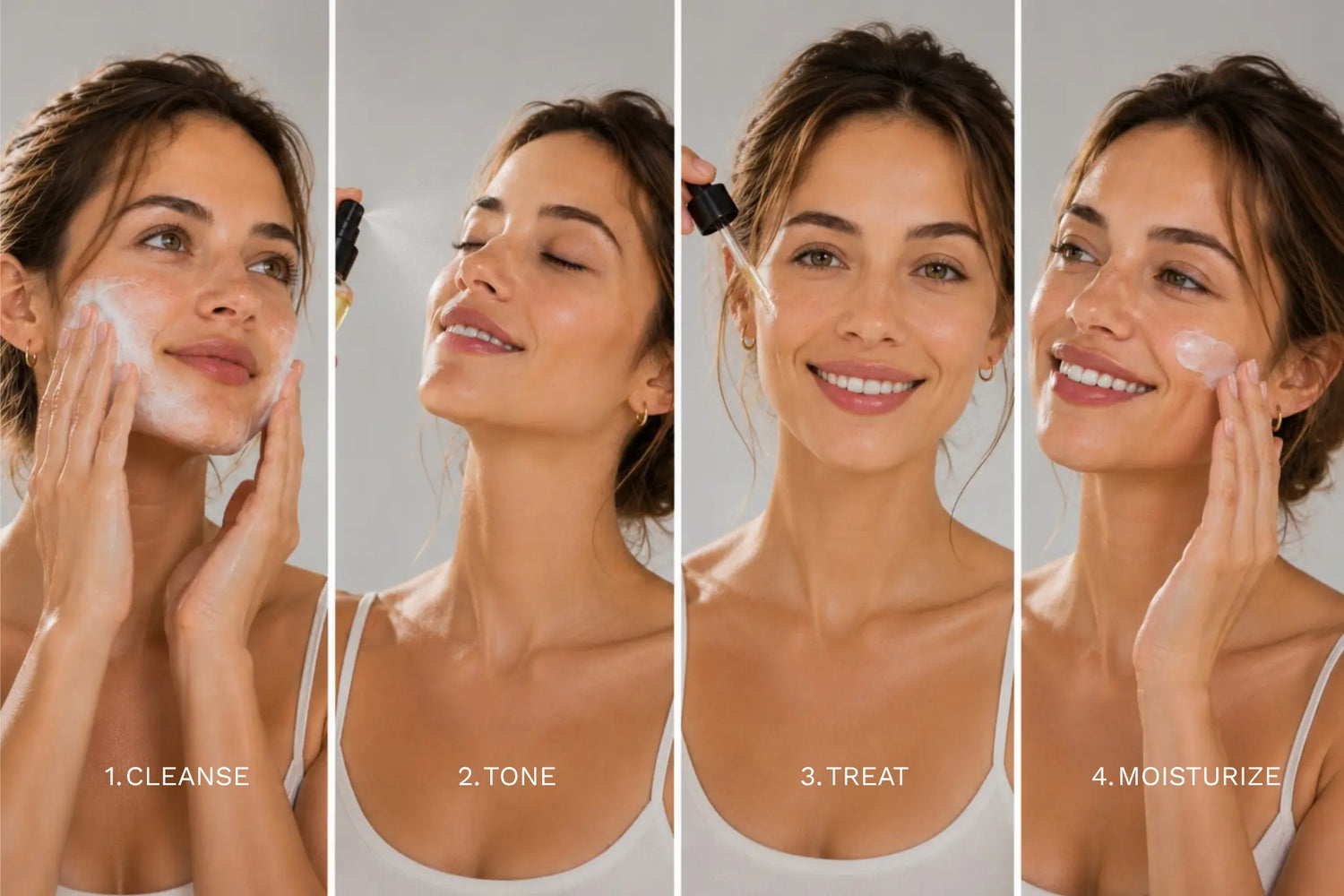 Four-step skincare routine showing a woman cleansing, toning, applying serum, and moisturizing.