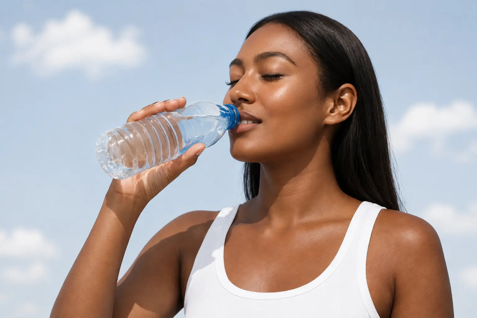 Woman drinking water outdoors on a sunny day to illustrate summer skin hydration and dehydrated skin prevention.